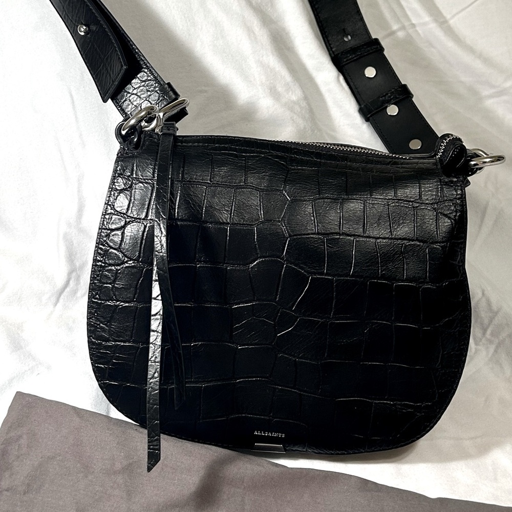 All Saints Black Croc-Embossed Crossbody Bag